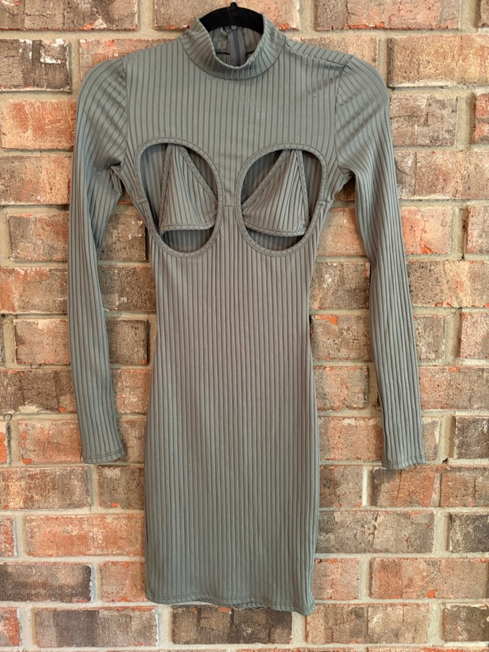 Ribbed Long-Sleeve Cutout Bodycon Dress in Olive